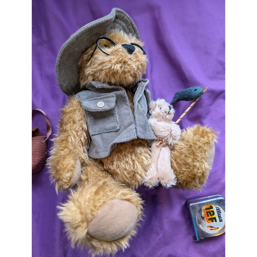 Plush Brown Grandpa Bear glasses fishing pole Creel Vest Glasses Grandchild Hat